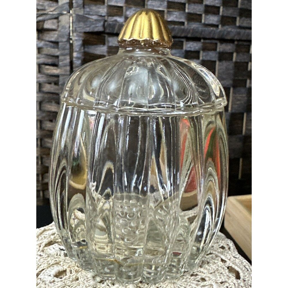 Glass Pumpkin Design Jar Clear Ribbed & Dot Gold Finish Finial & Rim Jeannette